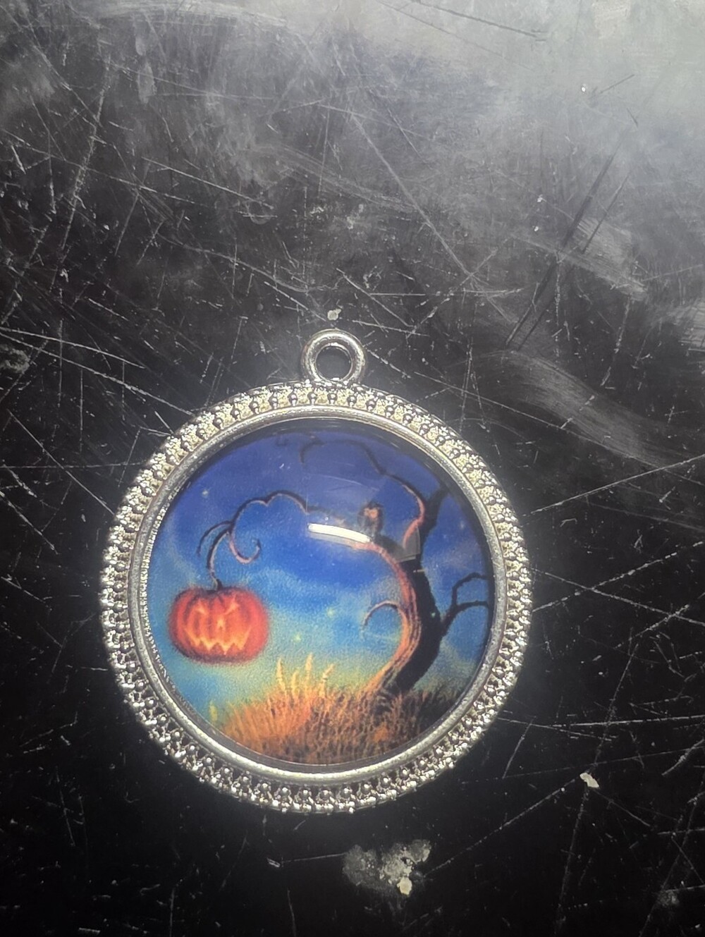 Halloween Jack-O'Lantern Scene W Tree Pendant For Necklace, Very Festive